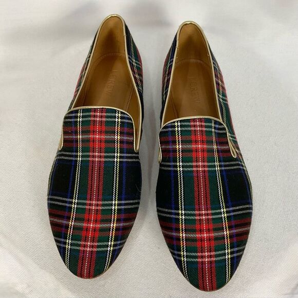 J. Crew Plaid Smoking Loafers Stewart Tartan Black Red Sz 10.5 Flats Slip-on - Picture 2 of 8
